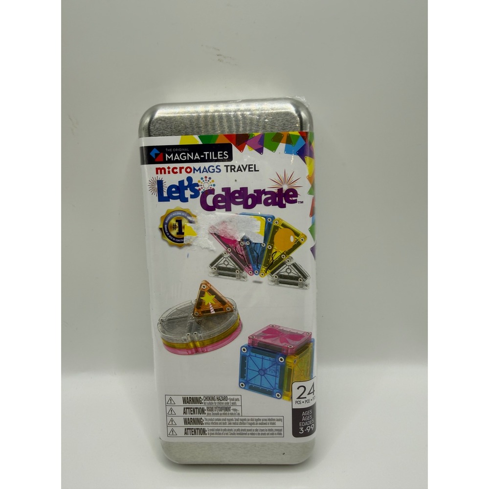 Magna-Tiles MicroMags Travel Let's Celebrate 24 Piece Magnetic Set NWT Tin